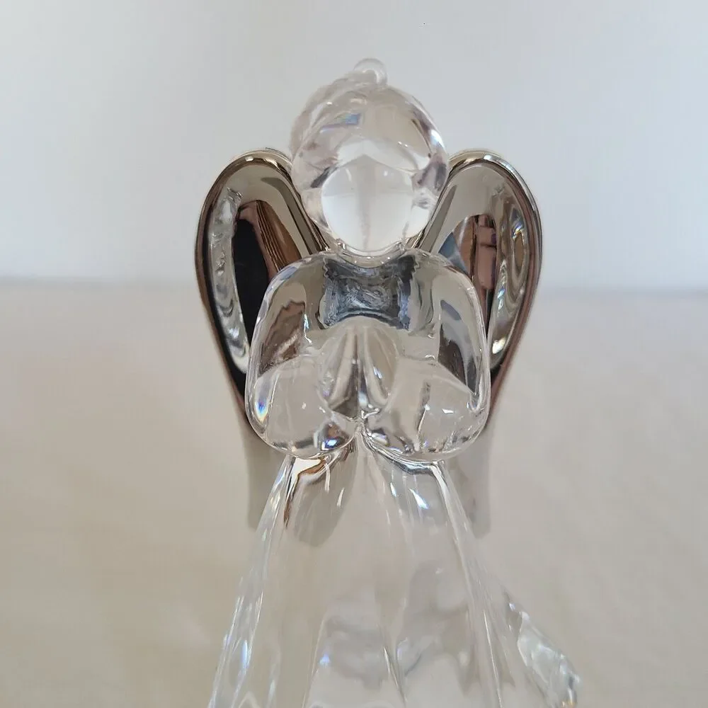 Vintage Clear Acrylic Praying Angel Ornament Silver Toned Wings Holiday Decor